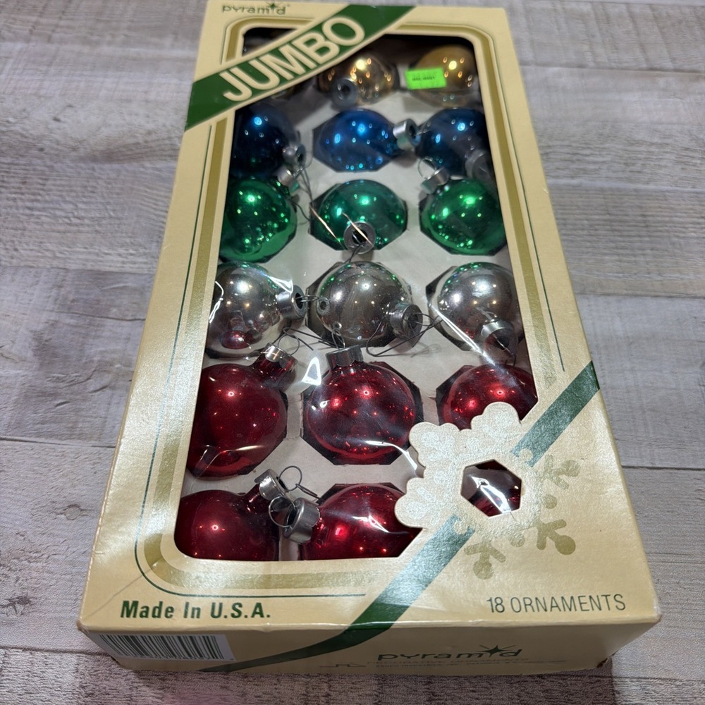 Pyramid Jumbo Box of 18 Colored Glass Christmas Decorative Ornaments Assorted